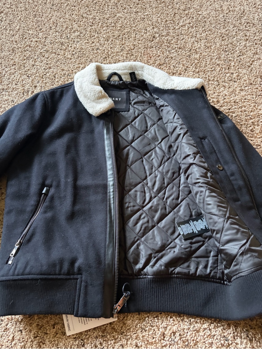 DKNY Black Bomber Jacket with Cream Sherpa Collar